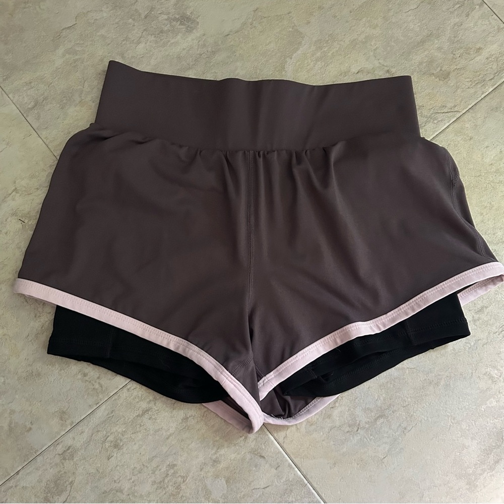 Fabletics shorts with built/in spandex shorts - mauve